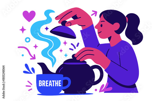 Tea Time Tranquility. Tea brewing ritual. Hands lift the lid as fragrant steam swirls upward in a soft spiral.