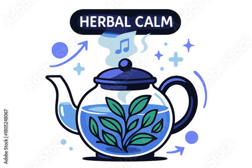 Herbal Tea Symphony. Herbal tea pot. Leaves swirl inside a clear pot as warm steam floats upward like musical