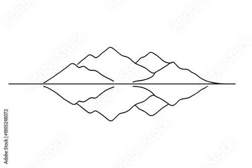 Lake and Peaks Reflection. North lake reflections. Minimalistic one-line drawing frozen northern lake with