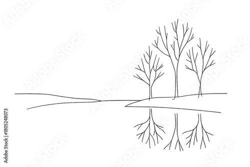 Minimalist Winter Bay. Silent winter bay. Minimalistic one-line drawing frozen inlet with reflected bare trees