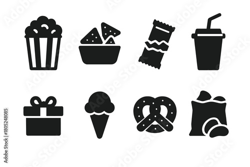 Movie Snack Icons. Movie snacks. Filled icon set of Movie snacks: popcorn bucket, nachos, candy bar, soda cup,