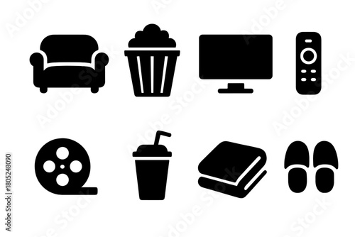 Family Movie Night Icons. Family movie night at home. Filled icon set of Family movie night at home: couch,