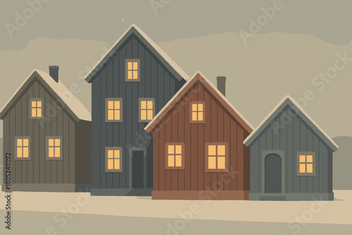 Scandinavian Winter Houses. minimalist flat illustration of a row of wooden Scandinavian houses with glowing