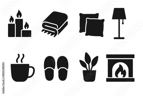 Cozy Home Icons. Cozy home atmosphere. Filled icon set of Cozy home atmosphere: candles, warm blanket,