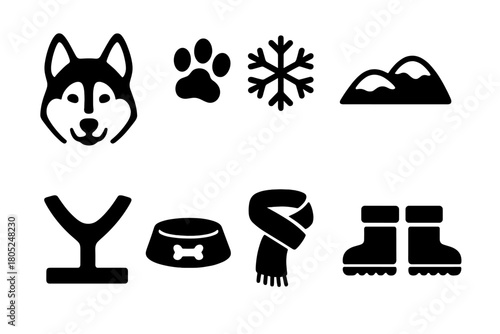Husky Icon Set. Husky in snowfield. Filled icon set of Husky in snowfield: husky head, paw print, snowflake,