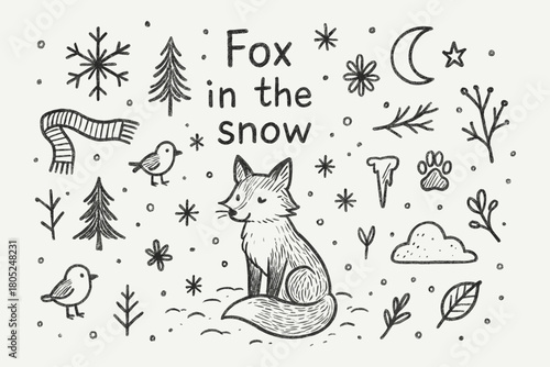 Fox in Snow Doodle. Fox in the snow. Hand-drawn doodle illustration of Fox in the snow. In the middle, one