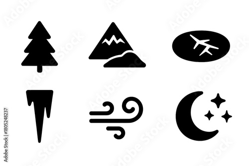 Winter Wilderness Icons. Winter wilderness. Filled icon set of Winter wilderness: pine tree, mountain peak,