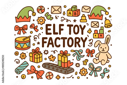 Elf Toy Factory Illustration. Elf toy factory. Hand-drawn doodle illustration of Elf toy factory. elf hats,