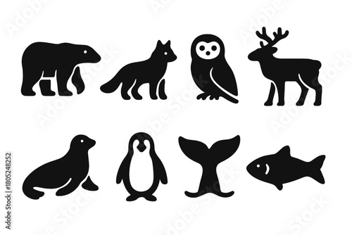 Arctic Animal Icons. Arctic animals. Filled icon set of Arctic animals: polar bear, arctic fox, snowy owl,