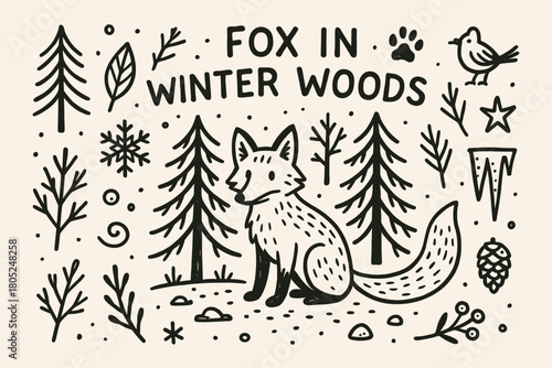 Winter Fox Doodle. Fox in winter woods. Hand-drawn doodle illustration of Fox in winter woods. Central doodle