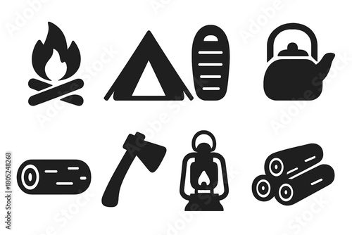 Winter Camping Icons. Winter camping. Filled icon set of Winter camping: campfire, tent, sleeping bag, kettle,