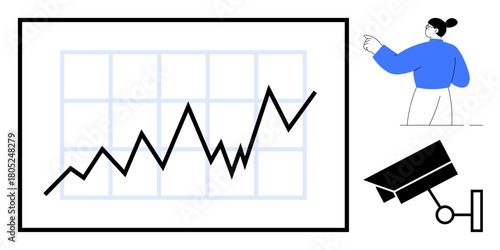 Upward trend line graph with grid, pointing figure suggesting focus or analysis, and surveillance camera. Ideal for progress tracking, analytics, strategy, data security, business growth, monitoring