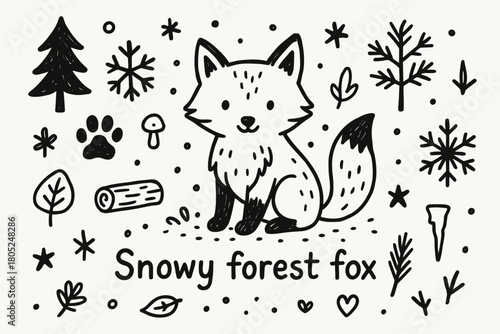 Snowy Forest Fox. Snowy forest fox. Hand-drawn doodle illustration of Snowy forest fox. Central doodle (fox in