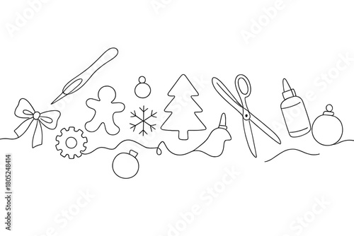 Crafting Tools Outline. Christmas craft table. Minimalistic one-line drawing scattered toy parts and crafting