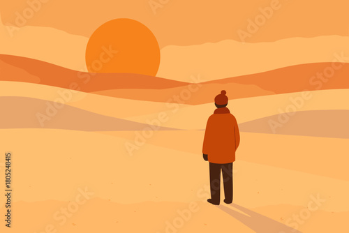 Golden Hour Snow Portrait. Golden hour snow portrait minimalist flat illustration of a lone figure standing in