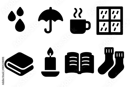 Cozy Rainy Day Icons. Rainy day reading. Filled icon set of Rainy day reading: raindrops, umbrella, steaming