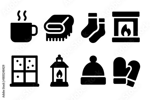 Cozy Winter Icons. Warm winter reading. Filled icon set of Warm winter reading: hot cocoa, wool blanket,