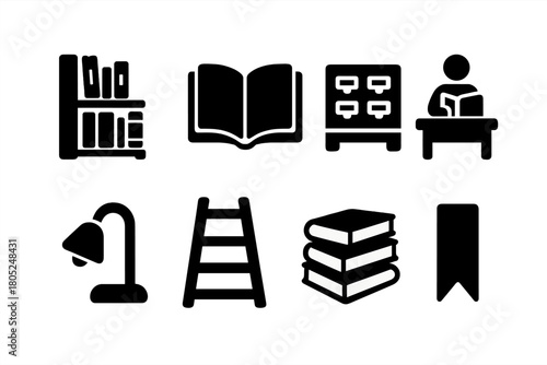 Library Icon Set. Library moments. Filled icon set of Library moments: bookshelf, open book, card catalog,