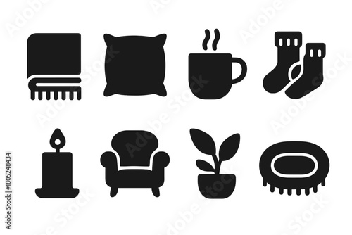 Home Comfort Icons. Home comfort. Filled icon set of Home comfort: blanket, cushion, warm drink, fuzzy socks,