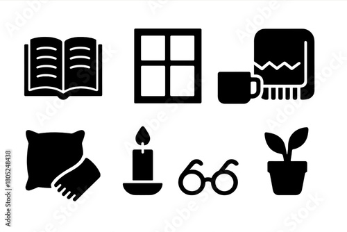 Cozy Reading Icons. Cozy reading by the window. Filled icon set of Cozy reading by the window: open book,