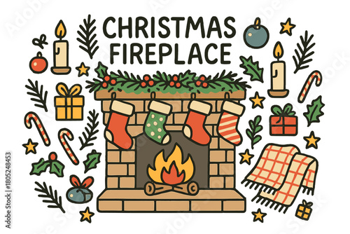 Festive Fireplace Doodle. Christmas fireplace. Hand-drawn doodle illustration of Christmas fireplace.