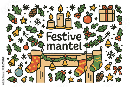 Festive Mantel Doodle. Festive mantel. Hand-drawn doodle illustration of Festive mantel. stockings, garland,