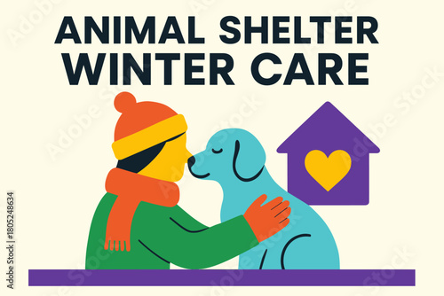 Winter Shelter Care. Animal shelter winter care. Modern minimalist poster banner, bold sans-serif typography,