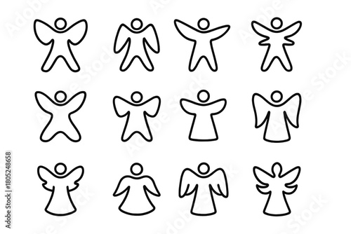 Snow Angel Icon Set. Snow angel shapes. Line outline icon set of Snow angel shapes: wide angel wings, narrow
