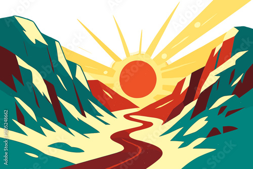 Sunrise in Mountain Pass. Mountain pass glow. A winding path cuts through snowy cliffs as sunrise beams