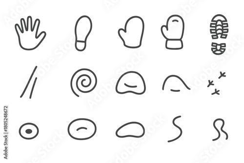 Snow Impressions Icons Set. Snow impressions. Line outline icon set of Snow impressions: handprint, footprint,