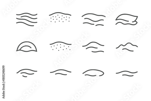 Snowy Ground Icon Set. Snowy ground textures. Line outline icon set of Snowy ground textures: soft snow ripple