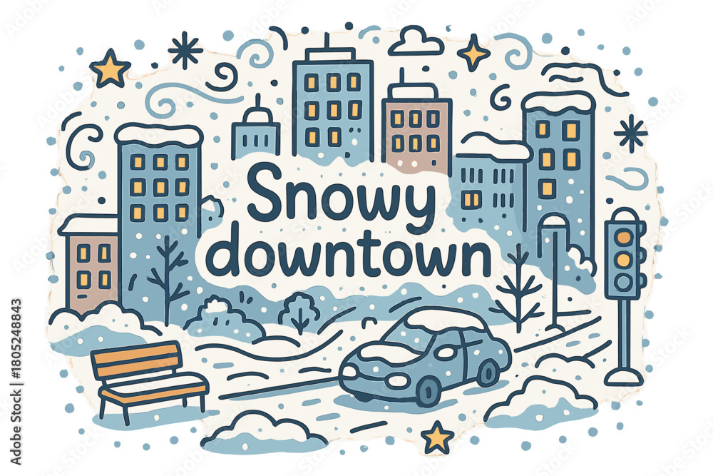 Obraz premium Snowy Downtown Doodle. Snowy downtown. Hand-drawn doodle illustration of Snowy downtown. tall buildings, snowy