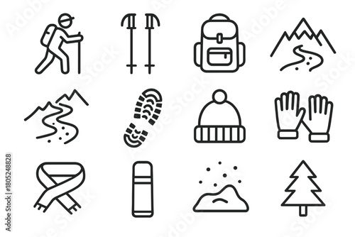 Winter Hiking Icons. Winter hiking in the mountains. Line outline icon set of Winter hiking in the mountains: