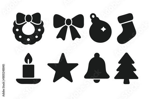 Festive Icon Set. Holiday decorations. Filled icon set of Holiday decorations: wreath, bow, ornament, stocking