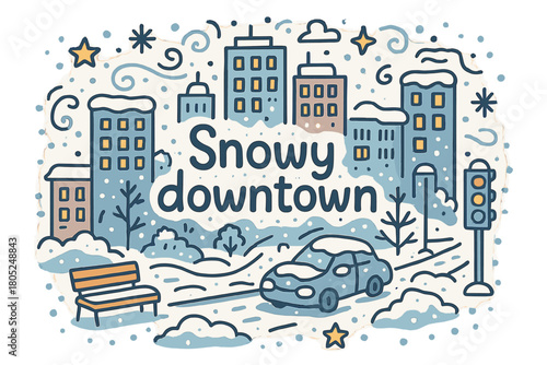 Snowy Downtown Doodle. Snowy downtown. Hand-drawn doodle illustration of Snowy downtown. tall buildings, snowy