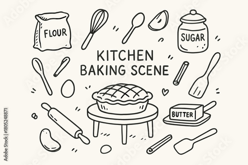 Whimsical Kitchen Baking. Kitchen baking scene. Hand-drawn doodle illustration of Kitchen baking scene.