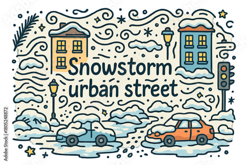 Snowy Urban Doodle. Snowstorm urban street. Hand-drawn doodle illustration of Snowstorm urban street. snowy