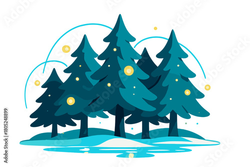 Moonlit Magical Pines. Moonlit magical pines. A line of trees sparkles as suspended orbs cast shimmering