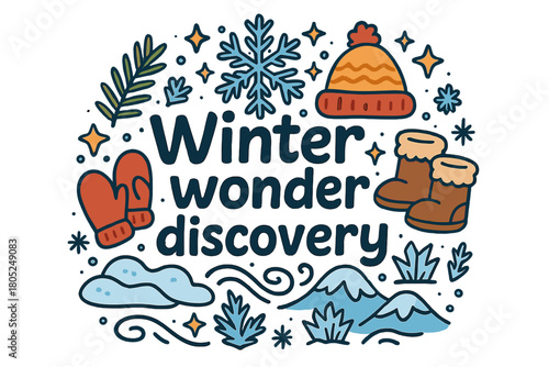 Winter Wonderland Discovery. Winter wonder discovery. Hand-drawn doodle illustration of Winter wonder