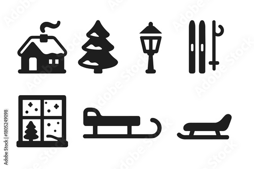 Snowy Village Icons. Snowy village life. Filled icon set of Snowy village life: cottage, chimney smoke,