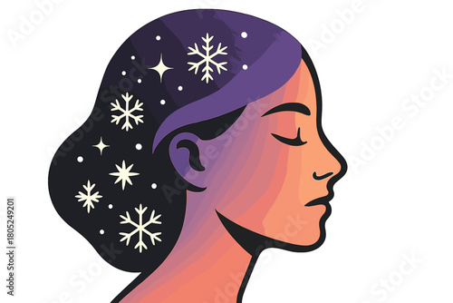 Sparkling Snow Profile. Snow-lit profile. Side view of a calm face with spark-like snowflakes gliding along