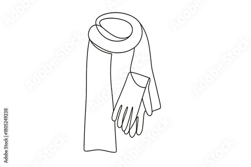 Minimalist Winter Accessories. Soft winter layers. Minimalistic one-line drawing long scarf draped with gloves