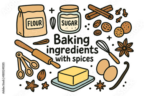 Spicy Baking Ingredients. Baking ingredients with spices. Hand-drawn doodle illustration of Baking ingredients
