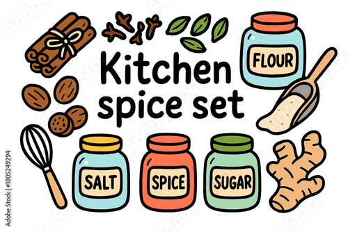 Kitchen Spice Illustration. Kitchen spice set. Hand-drawn doodle illustration of Kitchen spice set. cinnamon