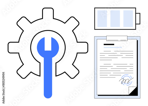 Gear with wrench symbolizing management, signed document for contracts, and battery for energy. Ideal for business, productivity, maintenance, engineering, agreements energy efficiency. Simple flat