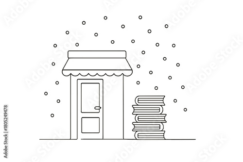 Minimalistic Bookstore Illustration. Snowy literary street. Minimalistic one-line drawing bookstore door with
