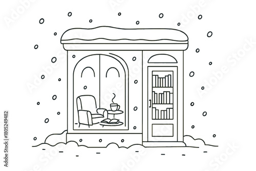 Minimalist Bookstore Glow. Winter reading nook storefront. Minimalistic one-line drawing bookstore windows