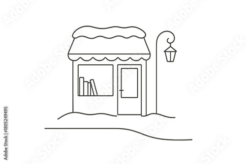 Minimalist Bookshop Illustration. Snow street bookshop. Minimalistic one-line drawing bookstore entrance with