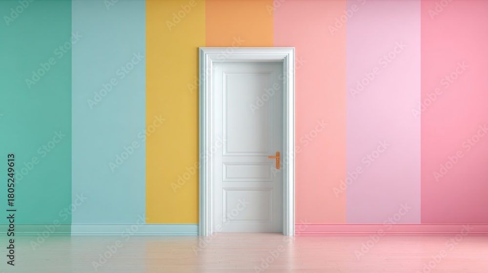 Naklejka premium A white door is in front of a wall with a rainbow of colors. The door is open, and the room is empty. The colors of the wall create a bright and cheerful atmosphere