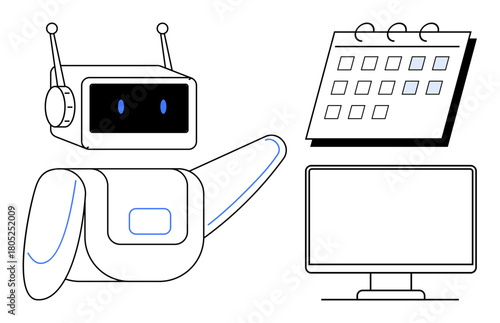 Robot interacting with a digital calendar and monitor, symbolizing automation, organization, and task management. Ideal for technology, workflow, programming, AI, productivity planning innovation